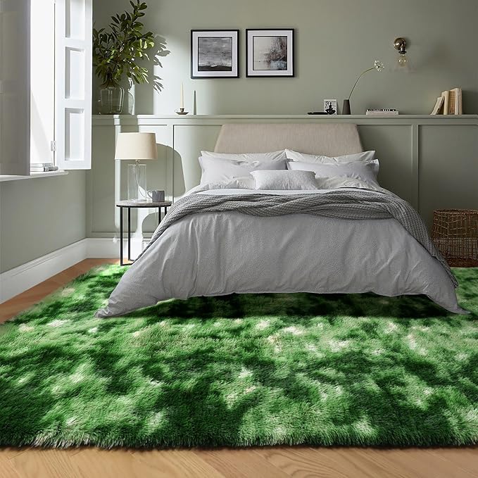 PAGISOFE Fluffy Dark Green Rugs for Living Room 5x8, Modern Abstract Bedside Carpets, Plush Rug High Pile Emerald Green Rugs for Kids Boys Girls Teen Dorm Nursery Room Decor Aesthetic, No-Shedding