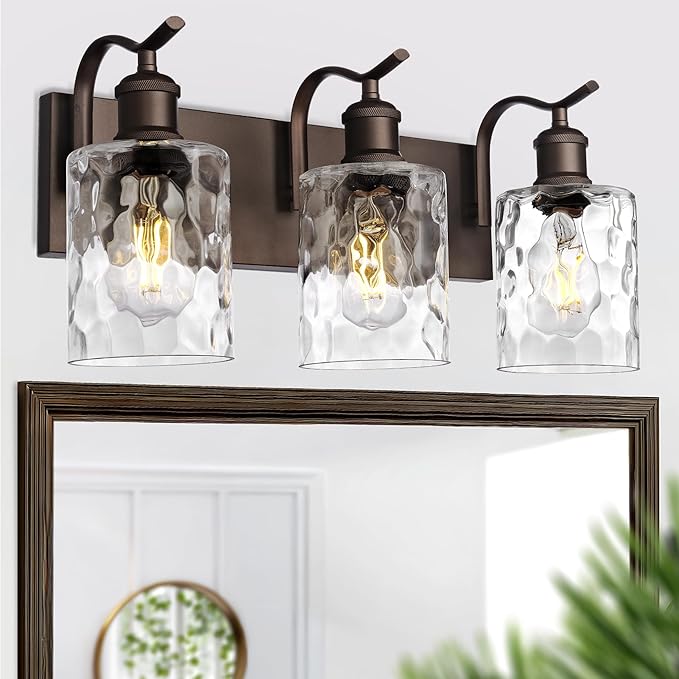 Bathroom Vanity Light Fixtures Over Mirror 3-Light Hammered Glass Wall Mounted Modern Oil Rubbed Bronze - VL01ORBH-3