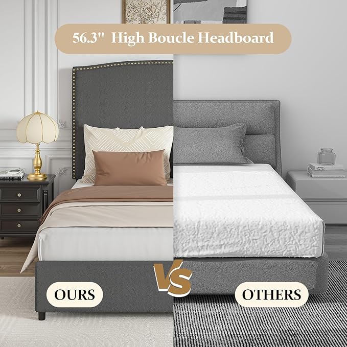 Queen Size Upholstered Platform Bed Frame with 56" Headboard, Soft Boucle Fabric, Mid-Century Modern Design, No Box Spring Required, Easy Assembly, Grey