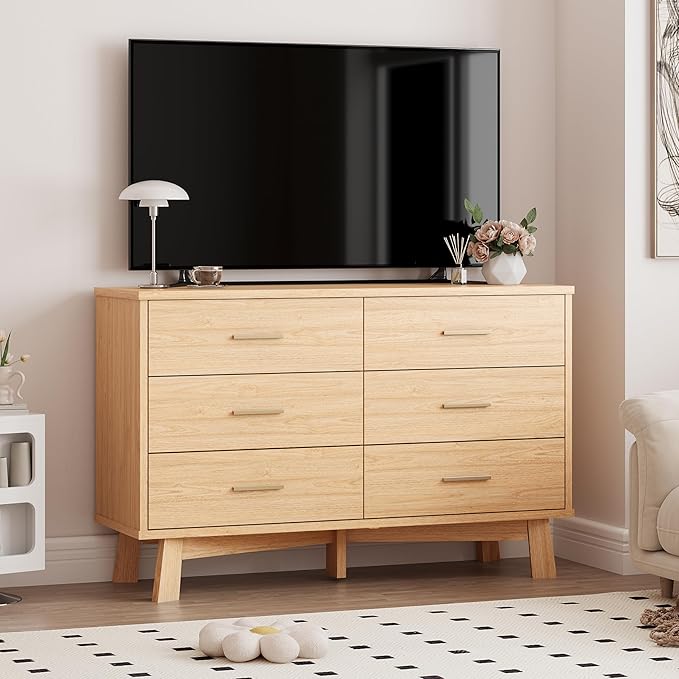 Dresser for Bedroom, 6 Drawer Wide Modern Chest of Drawers with X-Shaped Sturdy Base, Wood Double Dresser Closet Clothes Storage Organizer, Wooden TV Stand for Living Room, Hallway, Oak