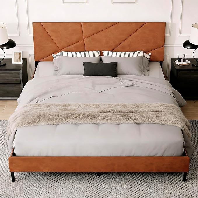 Upholstered King Size Platform Bed Frame with Faux Leather Padded Headboard, Sturdy Metal Slats Support, No Box Spring Needed, Vintage Brown