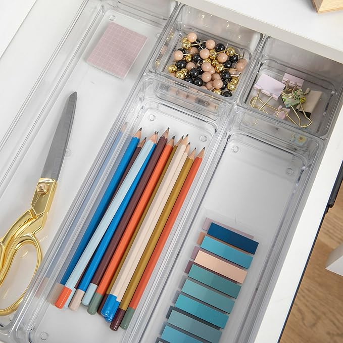 Martha Stewart Miles Plastic Stackable Office Desk Drawer Organizers, Set of 6, Clear