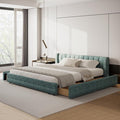 DEINPPA King Size Bed Frame with 4 Storage Drawers and Cloud Soft Headboard, Chenille Upholstered Grounded Wood Base Bed Frame, No Box Spring Needed-Blue+Green