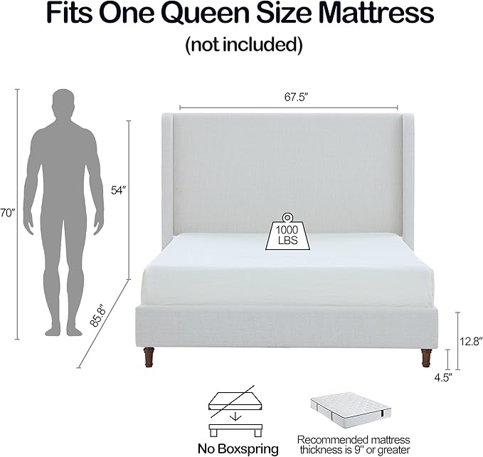Queen Size Upholstered Bed Frame, 54" Tall Headboard Curved Wingback Platform Bed Frame/Elegant Boucle Bed Frame for Bedroom/ Wood Slats Support/No Box Spring Needed/Easy Assembly/Cream White Boucle