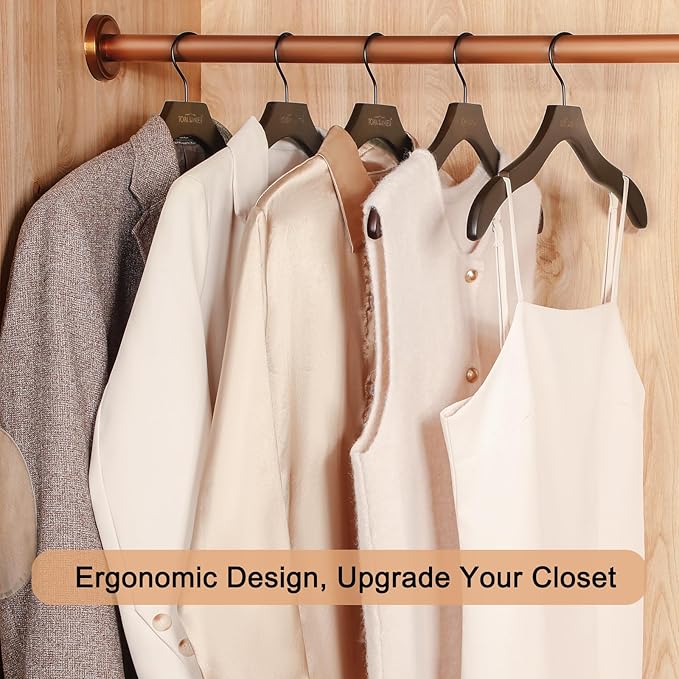TOPIA HANGER Wooden Coat Hangers 24 Pack, Premium Wood Suit Sweater No Shoulder Bump Hangers, 360° Swivel Hook and Cut Notches Clothes Hangers for Sweater, Hoodie, Shirts, Jacket, Dress, Walnut CT85WA