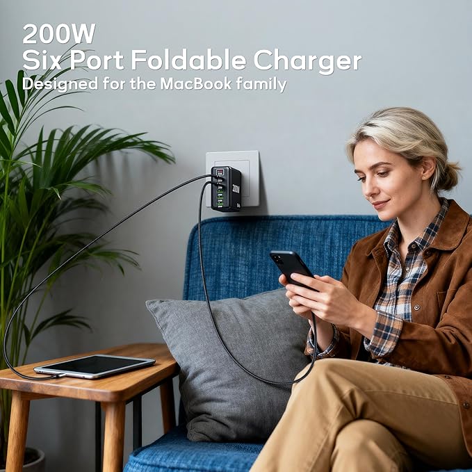 2 Pack USB C Charger Block 200W,6 Port Foldable Fast Charger Type C Charger iPhone 17 16 Fast Charging PD 3.1 Charging Station for All iPhone/Samsung Galaxy S25/S24/MacBook Pro/iPad