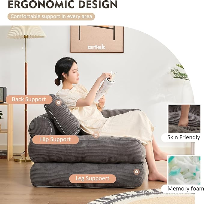Plus Futon Sofa Bed for Small Spaces, Floor Couch with Armrest, Folding Sofa Couch, Convertible Sleeper Chair Bed with Pillow, Portable Comfy Floor Lounge for Living Room and Bedroom, Grey