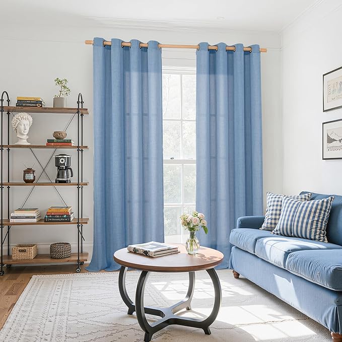YoungsTex Extro Long Linen Curtains 102 Inch Length for Living Room, Light Filtering Semi Sheer Drapes with Bronze Grommet Privacy for Dining Bedroom Window, Denim Blue, 52 x 102 Inch, 2 Panels