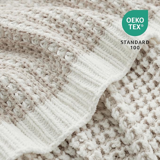 Amélie Home Waffle Chenille Throw Blanket for Couch, Pineapple Stitch Knit Soft Cozy Knit Blanket Decorative Throw for Sofa, Chair, 50"x60", Beige&Ivory