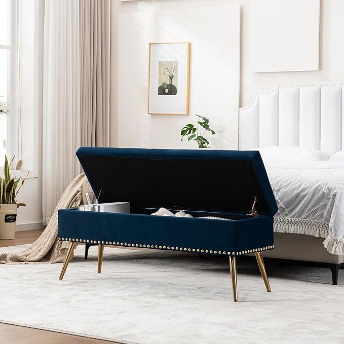 Velvet Storage Bench with Gold Legs& Nailhead Trim, 46" Wide Upholstered Modern Bedroom Bench for End of Bed, Tufted Ottoman for Entryway Living Room Dining Room (Navy Blue, 46" Wide)