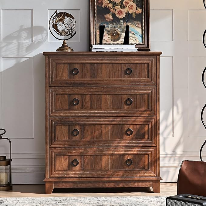 Farmhouse 4 Drawer Dresser for Bedroom Set of 2, 35" Tall Small Dressers & Chest of Drawers, Rustic Wood Dresser with Metal Handle, Storage Organizer Closet for Living Room, Hallway, Entryway