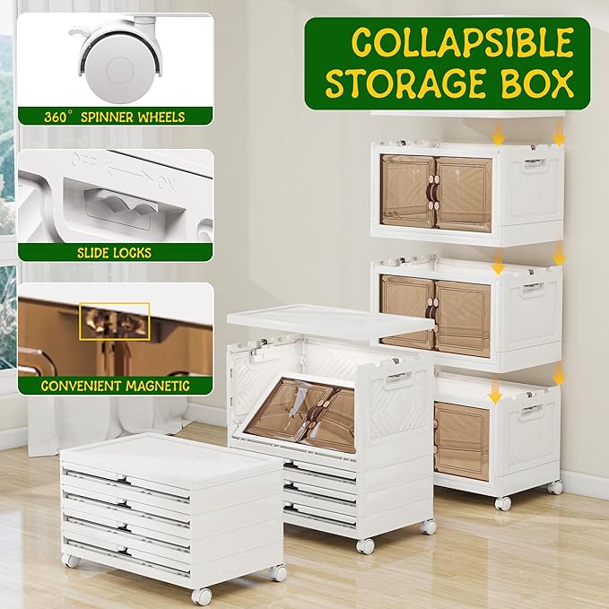 Storage Bins with 2 Lids and Wheels, 660QT-110QT*6Tier Collapsible Bathroom Storage Cabinet with Clear Doors, Plastic Stackable Closet Organizers and Containers White