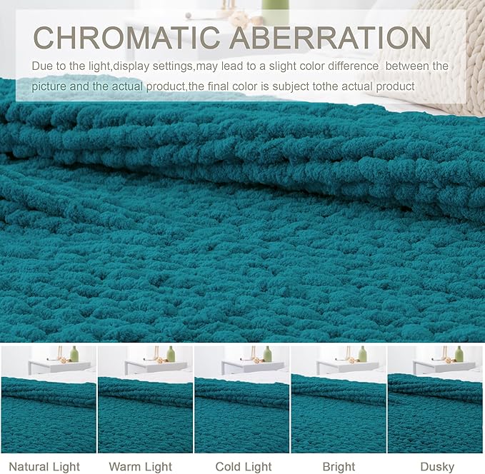 Chunky Knit Throw Blanket 50"X 60", 100% Handmade with Soft Chenille Yarn, 4.4lbs Thick Cable Knitted Blankets, Large Rope Knot Crochet Throws for Couch Sofa Bed Home Decor, Teal