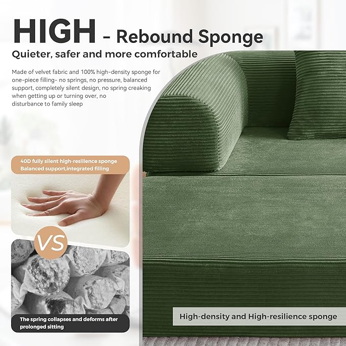 Upgrade High Backrest Design Sofa Bed with Fixed-Shape Frame & Removable Armrests and Backrest, Corduroy Fabric, Convertible Mattress Couch for Small Spaces - No Assembly (High Backrest Olive Green)