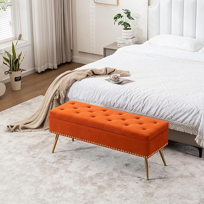 Velvet Storage Bench with Gold Legs& Nailhead Trim, 46" Wide Upholstered Modern Bedroom Bench for End of Bed, Tufted Ottoman for Entryway Living Room Dining Room (Orange, 46" Wide)