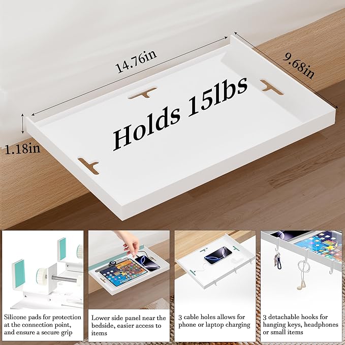 Foldable Bedside Shelf, Metal Clip-On Bed Tray Table for Bunk Bed & Dorm Beds, Dorm Room Essentials Organizer for College Students, Floating Tray, Space Saving Nightstand for Loft Beds (White, Large)
