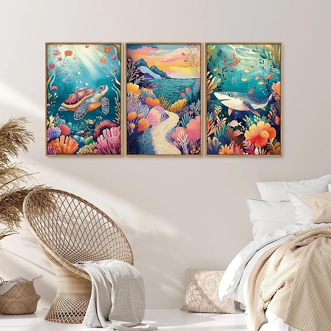 YeeHomedec Large Watercolor Ocean Themed Framed Canvas Wall Art, Sea Turtle Shark Wall Decor, Coastal Nature Landscape Art Print, Marine Life Poster for Kids Nursery Classroom Boys Bedroom 16"x24"x3