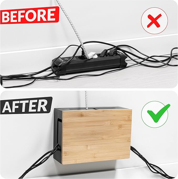 Bamboo Cable Management Box with Magnetic Lid - 12,6x7,9x4.3 in - Durable Cable Organizer to Hide Cords & Power Strip - Wall Mountable - Including Hardware - for Home, Office, Desk & More (Black)