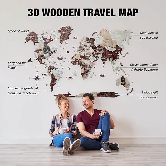 Handmade 3D Wood World Map Wall Art Large Wall Decor Track Your World Travels - Special for Home, Kitchen and Office (X-Large, Cappuccino)