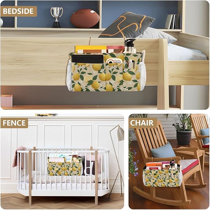 Bedside Caddy Hanging Bunk Bed Caddy Bed Organizer Hanging Pocket with 2 Hooks Bedside Storage Organizer Pocket Bag Holder Beige Lemons and Flowers