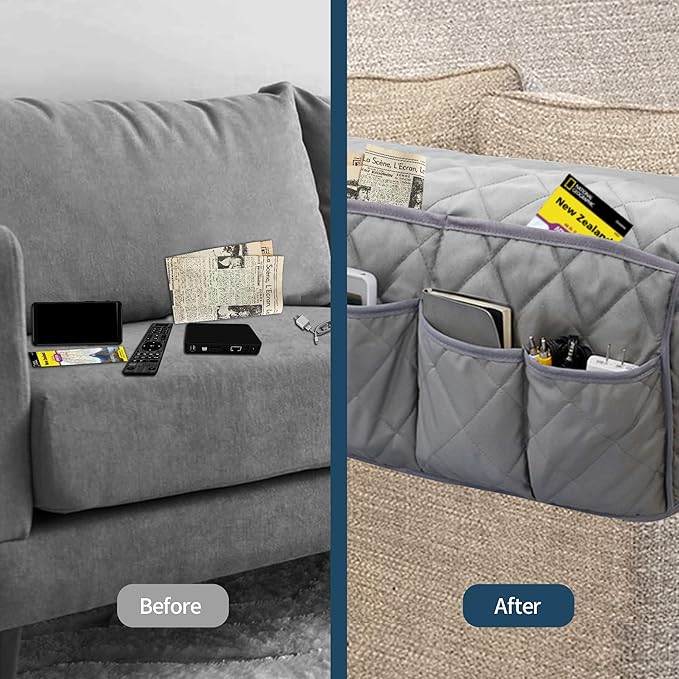 MEHIDFY Armchair Caddy, Waterproof Sofa Armrest Organizer, Non Slip Recliner Organizer, Remote Holder for Recline, Recliner Caddy with 14 Pockets Storage for TV Remote, Phone, Magazine (Grey)