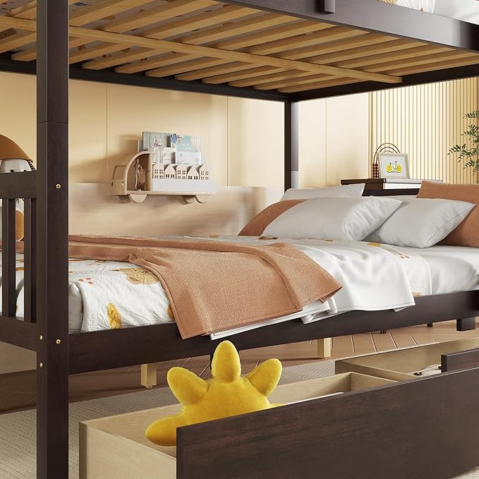 Full Over Full Bunk Bed with Storage Drawers,Convertible Bunk Beds with Ladder & Safety Guardrails,Full Size Bunk Beds for Kids Girls Boys,Espresso