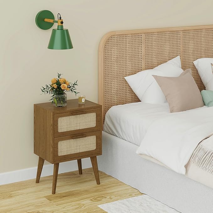 YAUKOMEL Rattan Nightstand Set of 2,Mid Century Modern Bedside with Drawers,End Table, Side Table with 2 Hand Made Rattan Decorated Drawers for Livingroom,Bedroom,Caramel Oak CTG59BR-2
