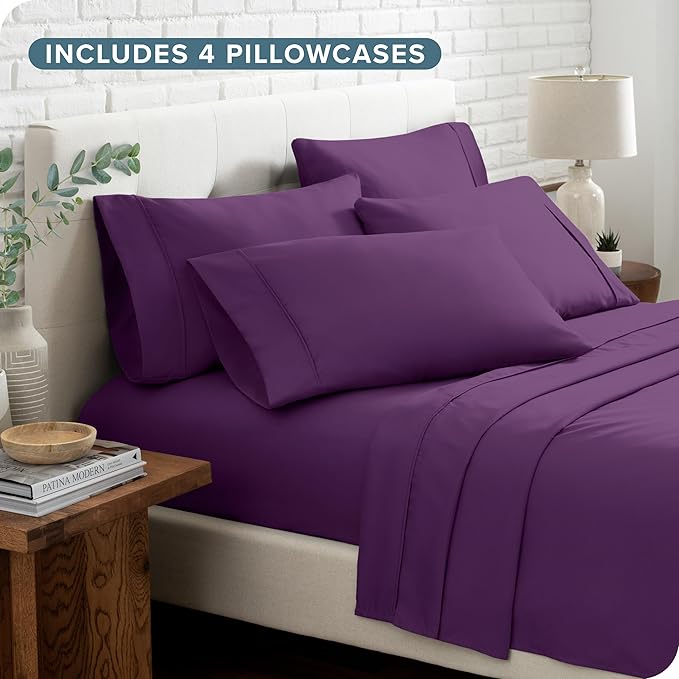 Bare Home Hotel Luxury King Sheet Set, Extra Soft - 6 Piece Set - Deep Pockets - Easy Fit - Cooling & Breathable - Wrinkle, Fade, Stain Resistant - Includes 4 Pillowcases (King, Plum)