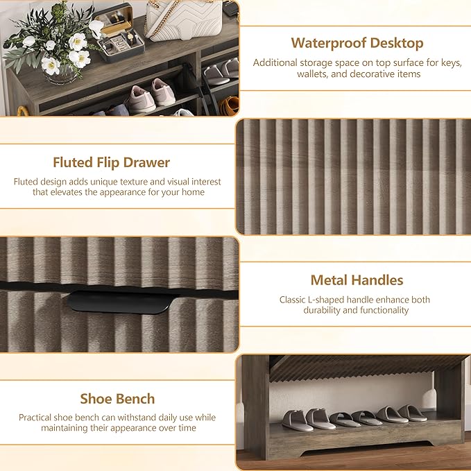 Shoe Cabinet Storage for Entryway with 2 Flip Drawers, Grey Fluted Shoe Cabinet with Open Storage, Wooden Hidden Shoe Rack Freestanding Narrow Slim Shoes Organizer for Hallway, Entrance