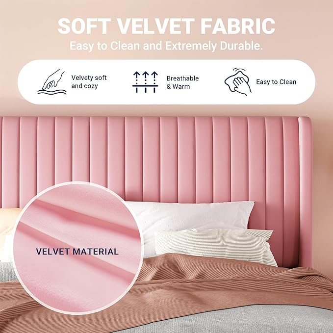 Allewie Full Size Velvet Bed Frame/Vertical Channel Tufted Wingback Headboard/Upholstered Platform Bed/Strong Wooden Slats/No Box Spring Needed/Easy Assembly/Pink