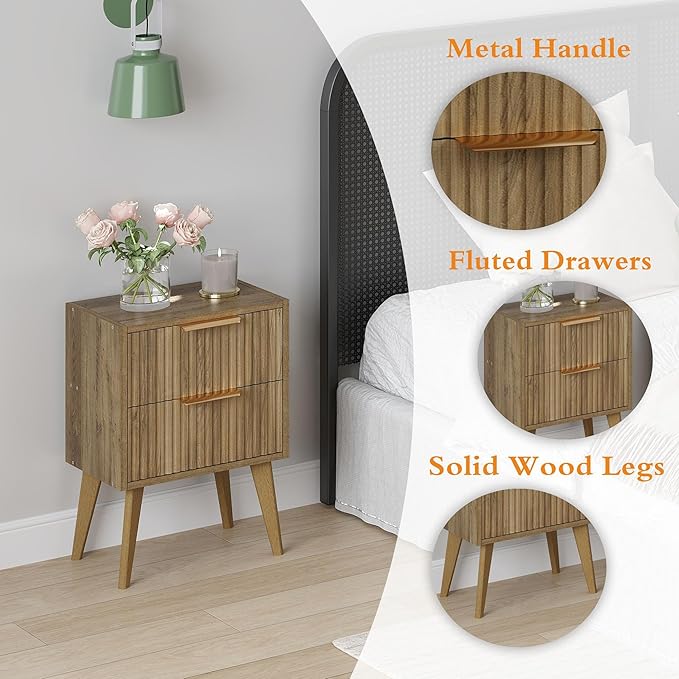 YAUKOMEL Mid Century Modern Nightstand,Small Bedside Table with 2 Drawers,Fluted Side Table,Walnut Brown End Table for Living Room,Bedroom,Small Space,Caramel Oak 11.8" D x 16" W x 22.4" H CTG55BR
