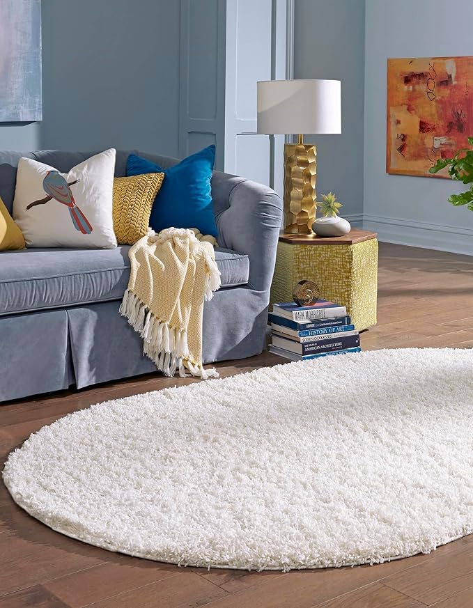 Unique Loom Solid Shag Collection Area Rug (8' x 10' Oval, Snow White)