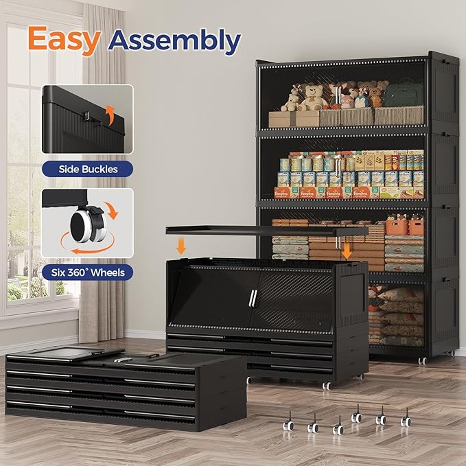 240GAL Extra Large Storage Bins with Lid, 960QT Collapsible Organizer with Wheels, Stackable Closet Cabinet with Doors, Folding Storage Containers for Home, Office, Kitchen, 3Pack Black