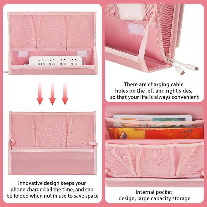 Bedside Caddy Bedside Storage Organizer Bedside Organizer with Power Strip Holder and 2 Adjustable Straps for Home Bunk Bed College Dorm Sofa (2 Pack Pink)