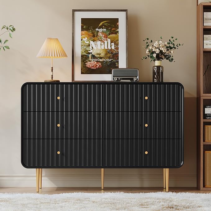 HLR Fluted 6 Drawers Dresser, 48'' Wide Modern Chest of Drawers with Gold Metal Handles,Dresser TV Stand, Wood Dressers & Chest of Drawers for Bedroom, Living Room, Hallway (Black)