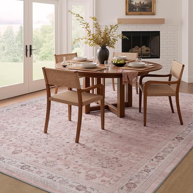 MontVoo-Vintage Area Rug 5X7 Pink Rugs for Living Room-Soft Distressed Printed Rugs for Bedroom-Non Slip Carpet-Machine Washable Rug for Dining Room Living Room Bedside Office