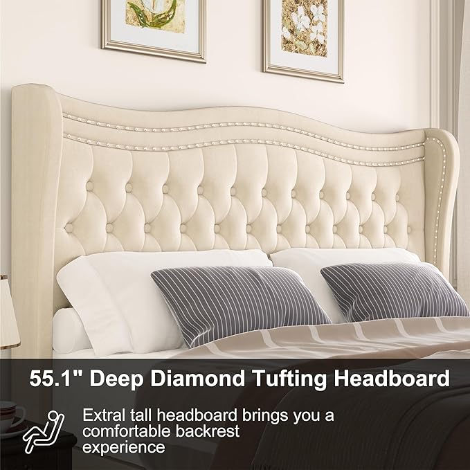 Upholstered Full Size Bed Frame with Tall Headboard, Velvet Wingback Platform Bed Frame with Deep Button Tufted, No Box Spring Needed, Noise Free, Beige