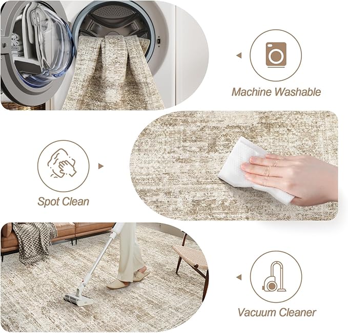 12x15 Washable Area Rug Brown Neutral Abstract Living Room Large Carpet Non Slip Bedroom Indoor Office Dining Room Low Pile Thin Rug