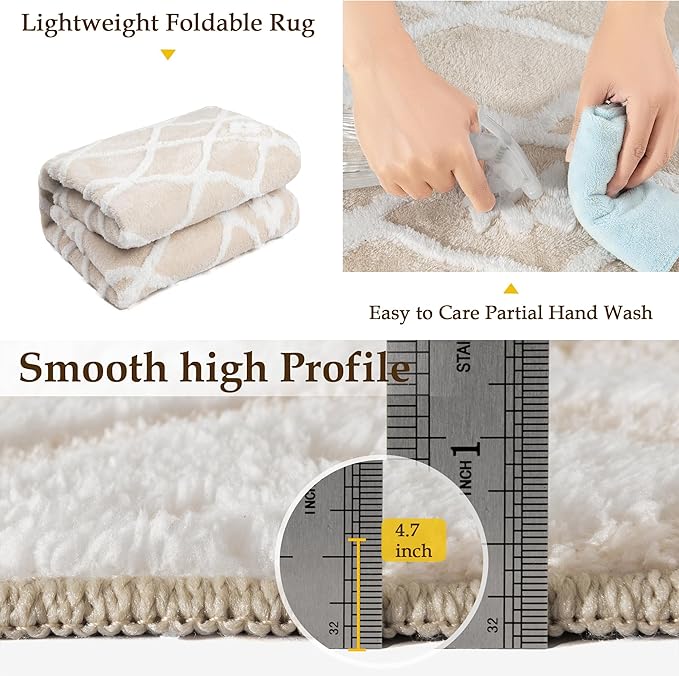 Ivory 4x6 Area Rug Moroccan Shag Office Washable Carpet Soft Non Shedding Neutral Boho Doormat Plush Pile Modern Throw Rug for Entryway Kitchen Dining Room Bedroom Living Room