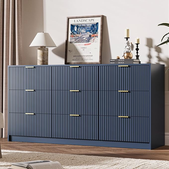 Navy 9 Drawer Dresser for Bedroom, 63" Wide Modern Fluted Dresser with Gold Metal Handles, Chest of Drawers for Bedroom, Living Room, Entryway, Hallway