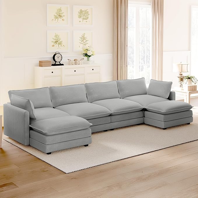 ROWHY 148'' Sectional Cloud Couch with 2 Ottomans, Oversized 4 Seat Sleeper Sofa with 2 Throw Pillows, Convertible Upholstered U Shaped Cozy Sofa Furniture Set for Living Room and Office, Light Grey