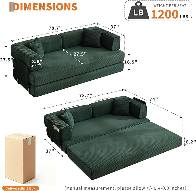 Garvee 5-in-1 Convertible Sofa Bed, 78.8" Modular Corduroy Sleeper with Sturdy Frame & No Assembly, Multi-Functional Futon for Small Space, Living Room & Guest Room (Dark Green)
