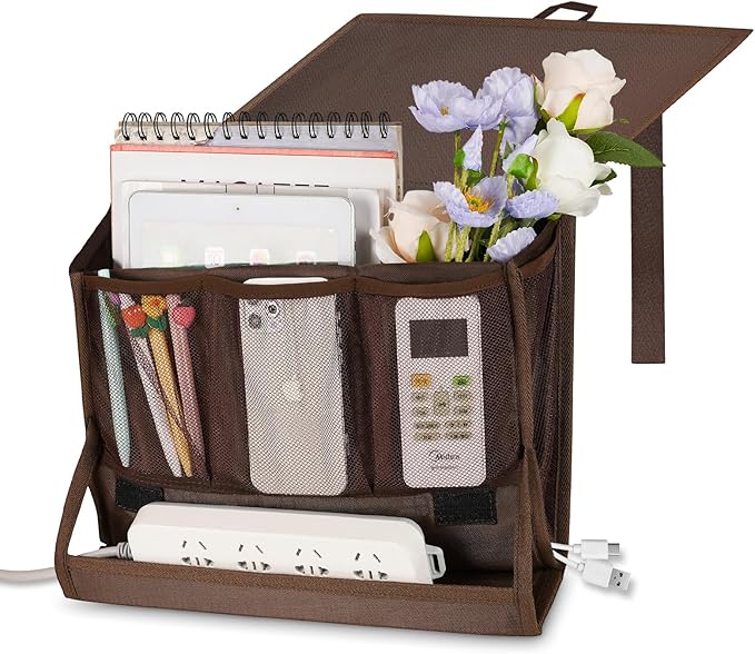 Bedside Storage Organizer with Power Strip Holder and Adjustable Straps Bed Hanging Bag for Home Bunk Bed Dorm Sofa (Brown)