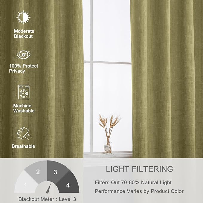 Jacquard Linen Curtains 72 inch Length 2 Panels Thick Faux Linen Blended Window Drapes Burlap Textured Curtains with Grommet for Living Room Bedroom Farmhouse (52x72 Olive Green) Natural
