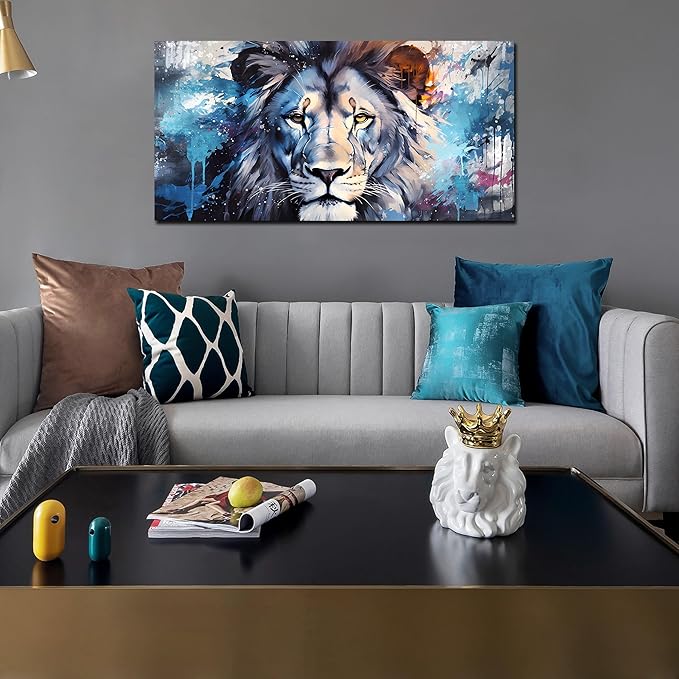 ENTANUB Lion Wall Art for Living Room, Animal Canvas Print Painting for Bedroom, Blue Picture Decor, Size 40x20 Inches