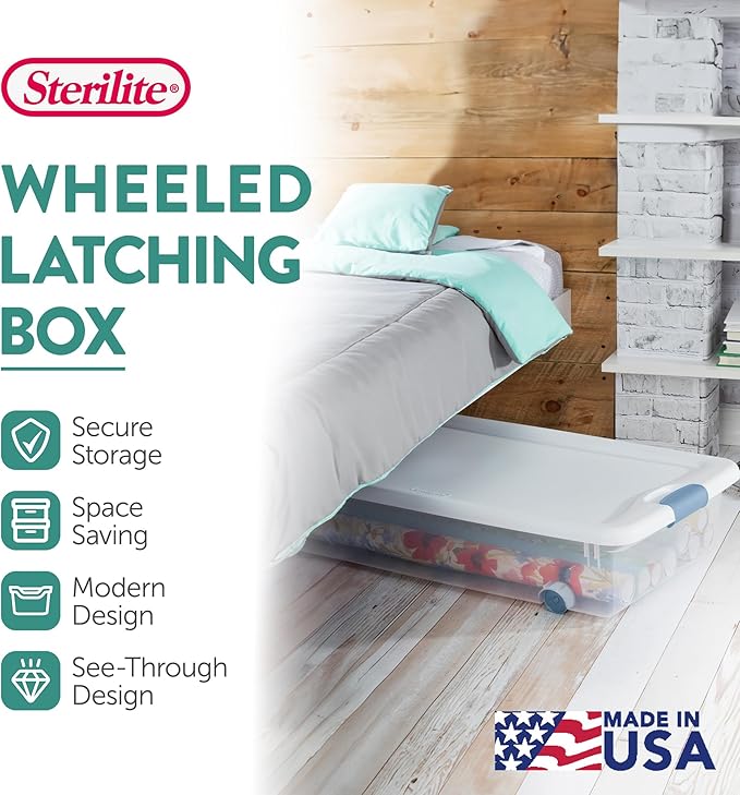 Sterilite 4-Pack Latching Box, Under Bed Storage Bins with Lids, Clear Plastic, 56 Quart - Heavy-Duty Organizing Containers for Closet, Bathroom, and Office