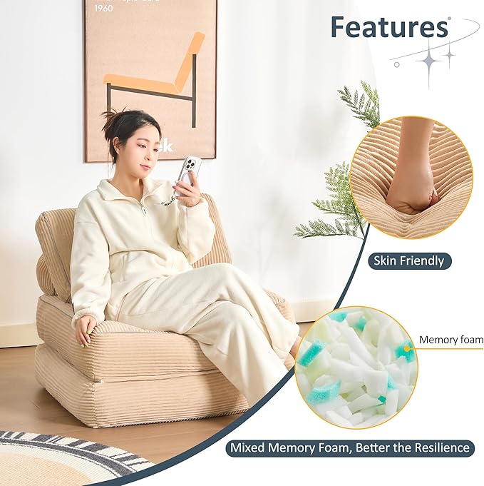 Folding Chair Bed, Futon Sofa Bed, Floor Couch for Adults Chair Bed for Living Room, Lounge Sofa, Convertible Sofa Bed, Small Couches for Small Spaces, Camel