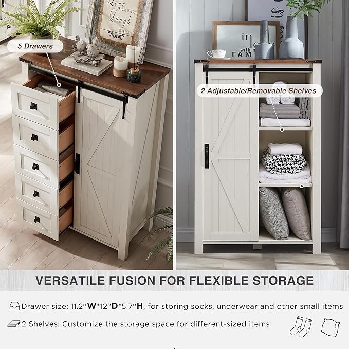 T4TREAM 5 Drawers Dresser for Bedroom w/Sliding Barn Door, Farmhouse Modern Tall Dresser 5 Chest of Drawers, Storage Organizer for Bedroom, Hallway, Living Room, Kids Room, Antique White