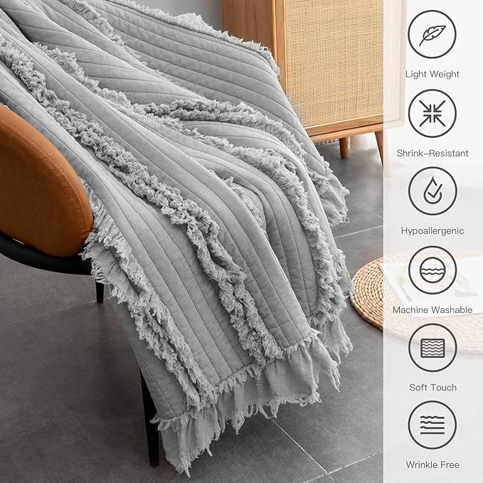 Ultra Soft Pre-Washed Quilted Boho Grey Twin Size Blankets for Bed, Ruffle Fringed Decorative Throw, Stone Washed Chic Rustic Blanket for Sofa Couch Bed, 60"*80"