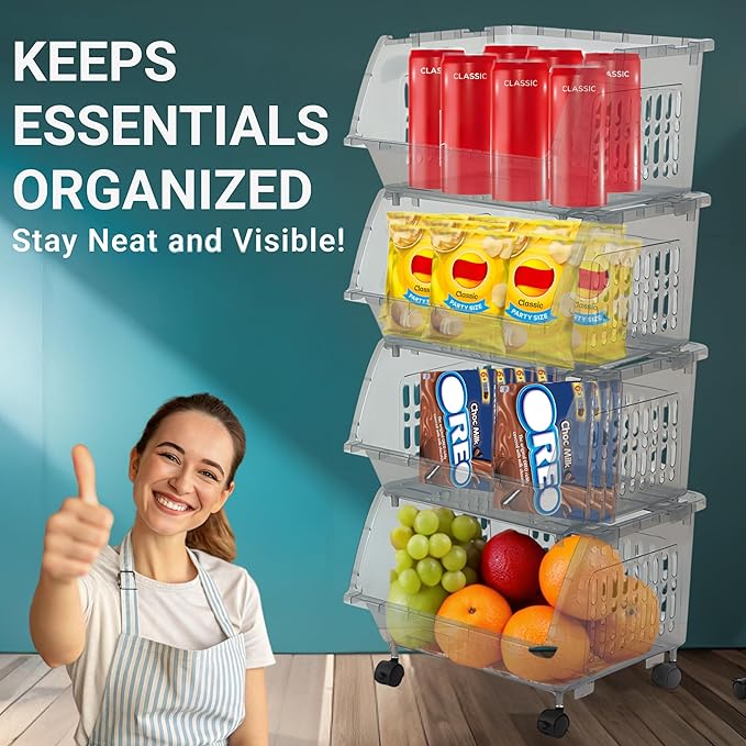TidyFriend Plastic Stackable Bins - 4 Pack Large Stacking Bins Open Front For Toy Organizers and Storage, Pantry, Kitchen, and Bathroom Essentials (Light Grey)